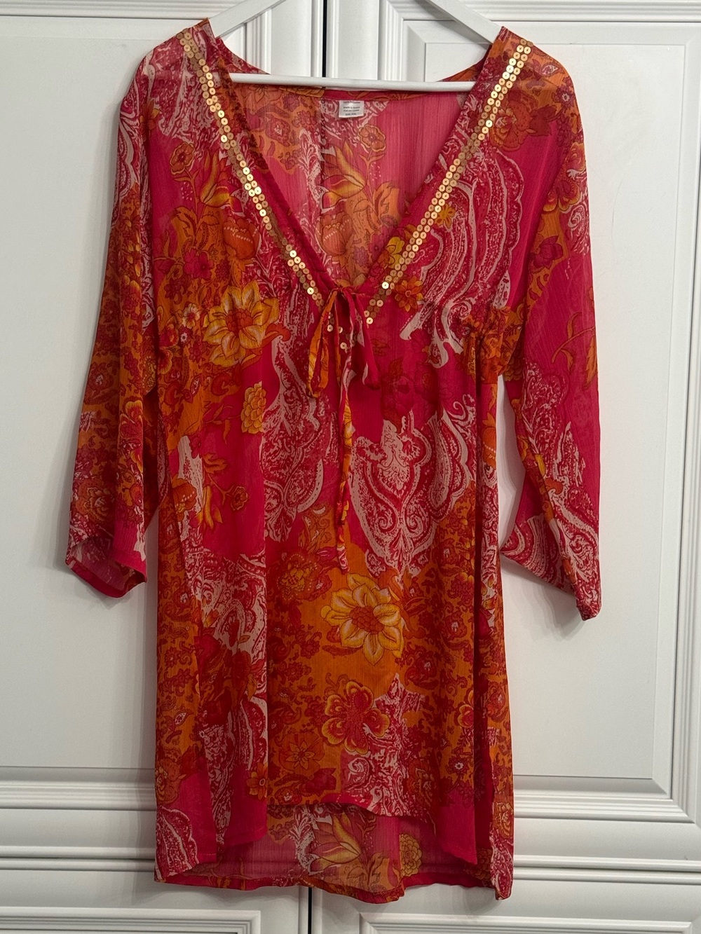 Pink & Orange Paisley Sequin V-Neck Tunic Length Swim Cover-Up Size Small/Medium